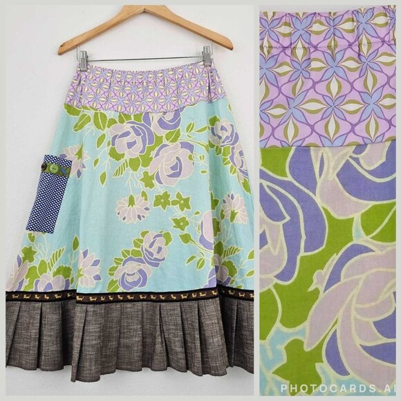 Matilda Jane Womens Sz M Linen Blend Patchwork Floral Print Pleated Hem Skirt - Picture 2 of 13